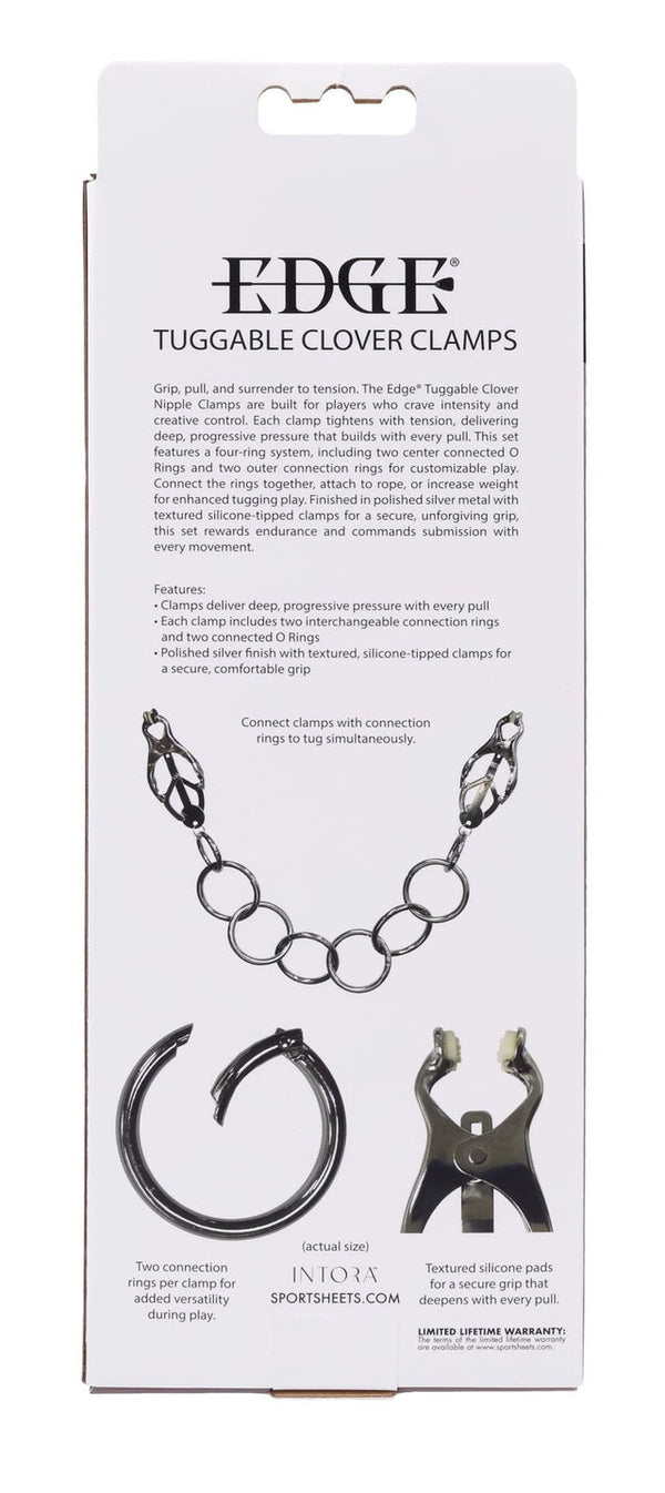 Back of Edge Tuggable Clover Clamps box showing features, diagrams, and actual-size ring