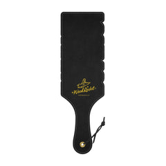 Back view of the Fuck You Paddle showing black stitched faux-leather and gold Wood Rocket logo