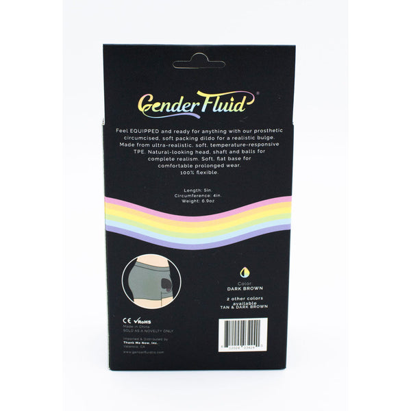 Back of Gender Fluid Equipped packer box showing product specs, sizing, and lifestyle inset