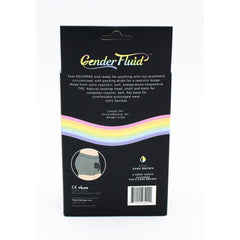 Back of Gender Fluid Equipped packer box showing product specs, sizing, and lifestyle inset