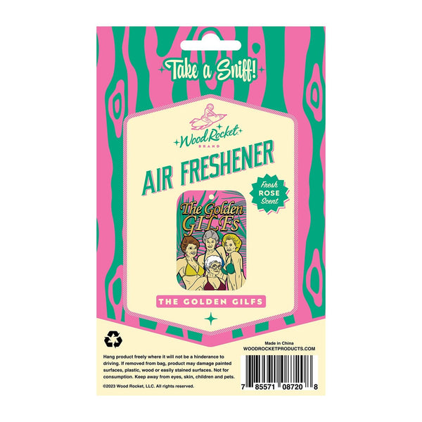 Back of Golden GILFs Air Freshener package with usage instructions and Wood Rocket branding