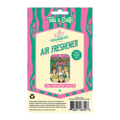 Back of Golden GILFs Air Freshener package with usage instructions and Wood Rocket branding