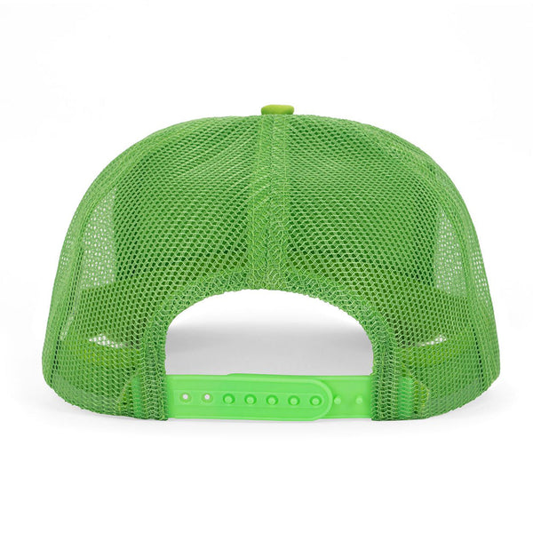 Back view of green mesh trucker hat showing breathable netting and adjustable snap closure strap