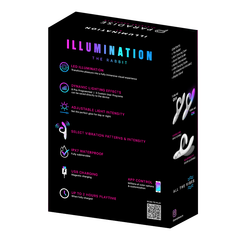 Back of Illumination Rabbit packaging detailing LED effects, IPX7 rating, app control, and USB charging