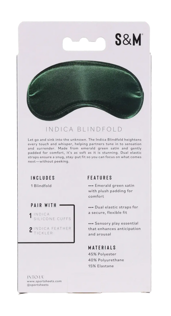 Back of Indica Blindfold packaging listing materials and features including plush padding