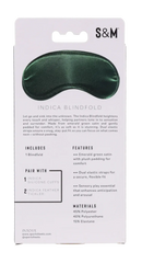 Back of Indica Blindfold packaging listing materials and features including plush padding