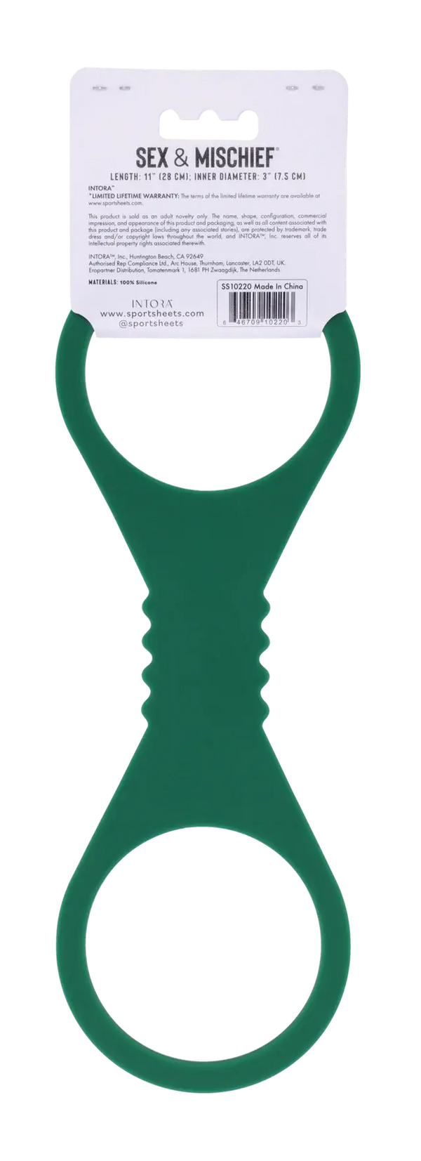 Back of Indica Cuffs packaging listing 11-inch length and 3-inch inner diameter specs