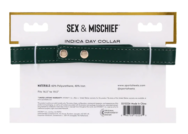 Back of Indica Day Collar packaging showing materials, 16.5–19.5 inch fit range, and warranty