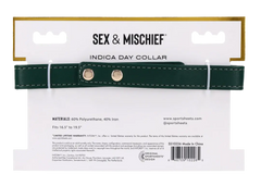 Back of Indica Day Collar packaging showing materials, 16.5–19.5 inch fit range, and warranty