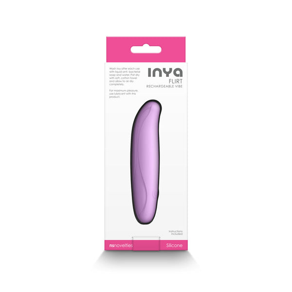 Back of INYA Flirt box showing care instructions and rechargeable vibe details