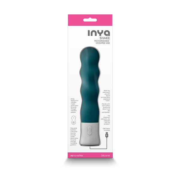 Back of INYA Shake packaging displaying usage instructions and USB charging cable