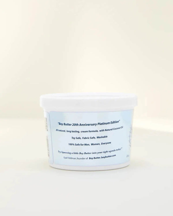 Back label of Boy Butter lubricant tub showing coconut oil formula details, 16 oz