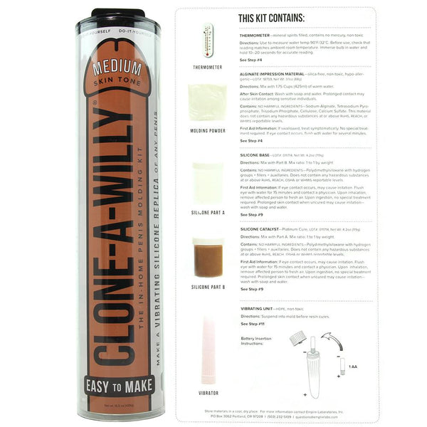 Back label of Clone A Willy packaging listing kit contents with ingredient and direction details