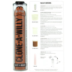 Back label of Clone A Willy packaging listing kit contents with ingredient and direction details