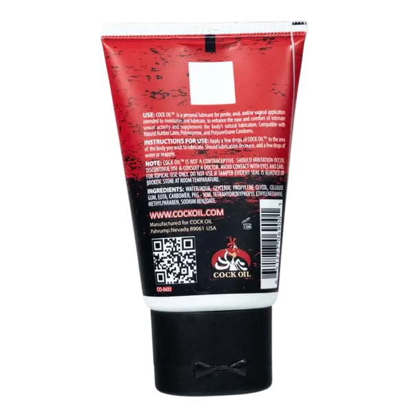 Back label of Cock Oil lubricant tube showing ingredients and usage instructions