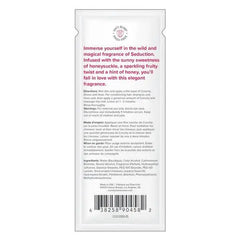 Back label of Coochy Seduction shave cream foil showing ingredients, directions, and bilingual text