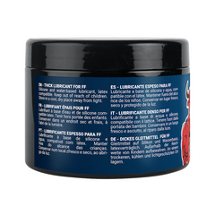 Back label of FF Hybrid thick lubricant jar showing multilingual silicone-water blend description