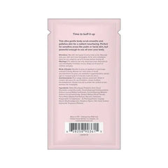 Back label of GoGo Coco body scrub packet showing directions, ingredients, and barcode on pink background