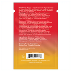 Back label of Happy Gee foil packet showing directions, ingredients, and paraben-free info