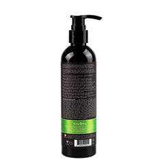 Back label of Hemp Seed Bath & Shower Gel showing ingredients and bilingual text on dark bottle