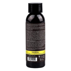 Back label of Hemp Seed Massage Oil listing ingredients and multilingual usage directions