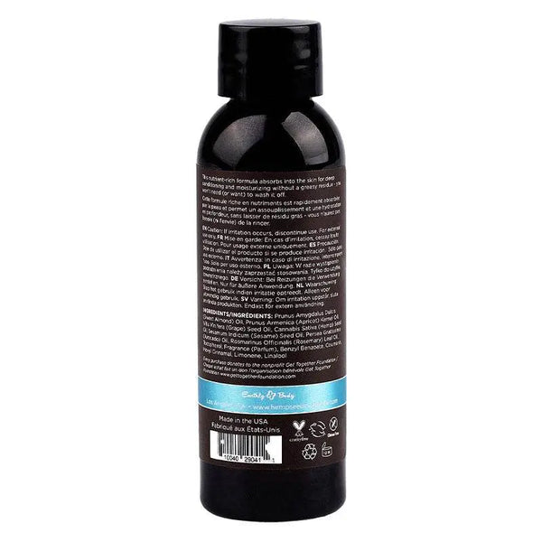 Back label of Hemp Seed Massage Oil listing multilingual directions and natural ingredients