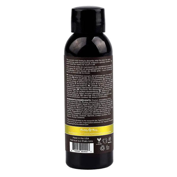 Back label of Hemp Seed Massage Oil showing multilingual directions and ingredients list