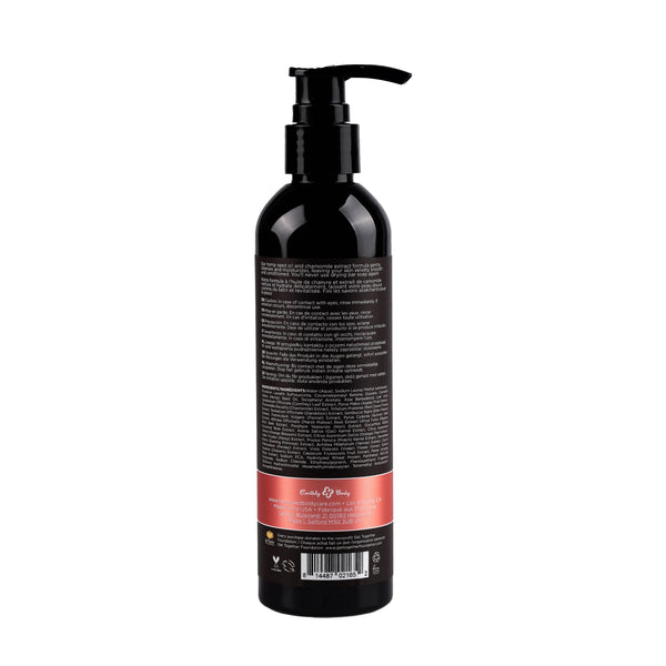Back label of Hemp Seed Shower Gel showing bilingual ingredients and pump dispenser