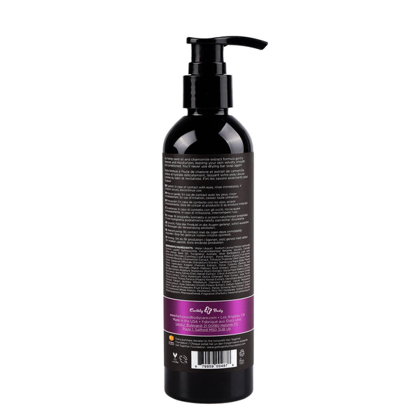 Back label of Hemp Seed Shower Gel showing bilingual usage instructions and pump dispenser