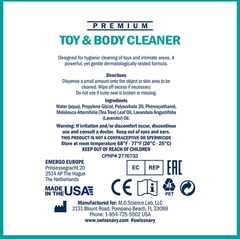 Back label showing ingredients and directions for Swiss Navy premium toy and body cleaner