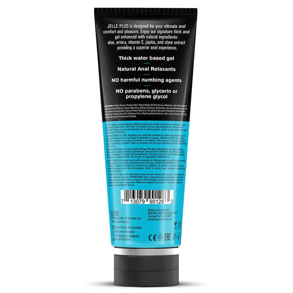 Back label of Jelle Plus anal gel showing key features: no parabens, glycerin, or propylene glycol