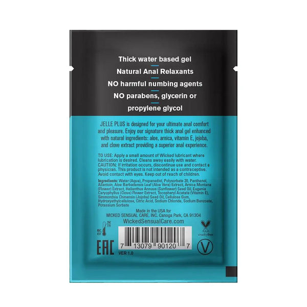 Back label of Jelle Plus anal gel sachet listing natural relaxant ingredients and usage directions