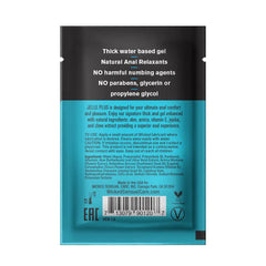 Back label of Jelle Plus anal gel sachet listing natural relaxant ingredients and usage directions