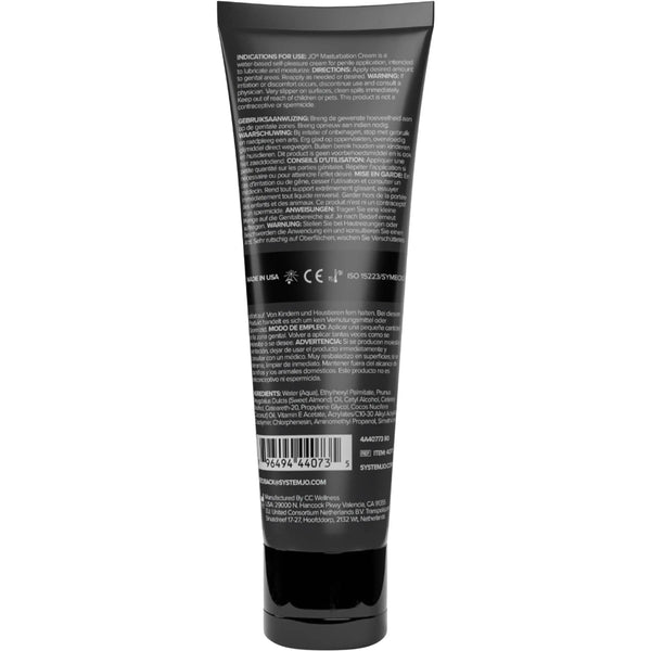 Back label of JO Masturbation Cream showing multilingual directions and ingredient list