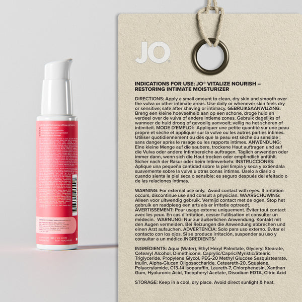 Back label of JO Vitalize Nourish showing directions, ingredients, and multilingual usage info