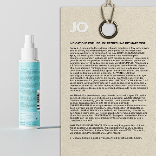 Back label of JO Vitalize Refreshing Mist showing multilingual usage and ingredient details