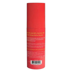 Back label of Lazy Sunday body mist showing product description and barcode on red packaging