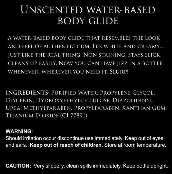 Back label listing water-based ingredients and safety warnings for Jizz lubricant