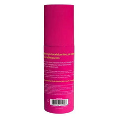 Back label of Love All of Me body mist showing scent description and ingredients on hot-pink bottle