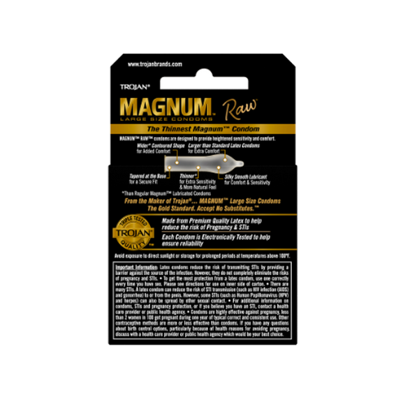 Back label of Magnum Raw 3-pack showing wider contoured shape and lubricant details