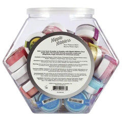 Back label of Nipple Nibblers bowl listing ingredients, directions, and six sour flavour varieties