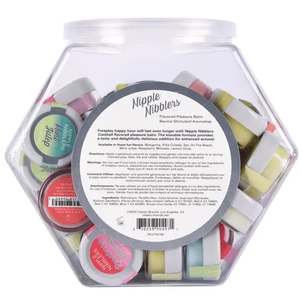 Back label of Nipple Nibblers bowl listing six cocktail flavors with directions and ingredients