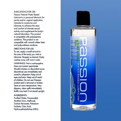 Back label of Passion Lubricant showing ingredients, directions, and warnings on blue-accented bottle