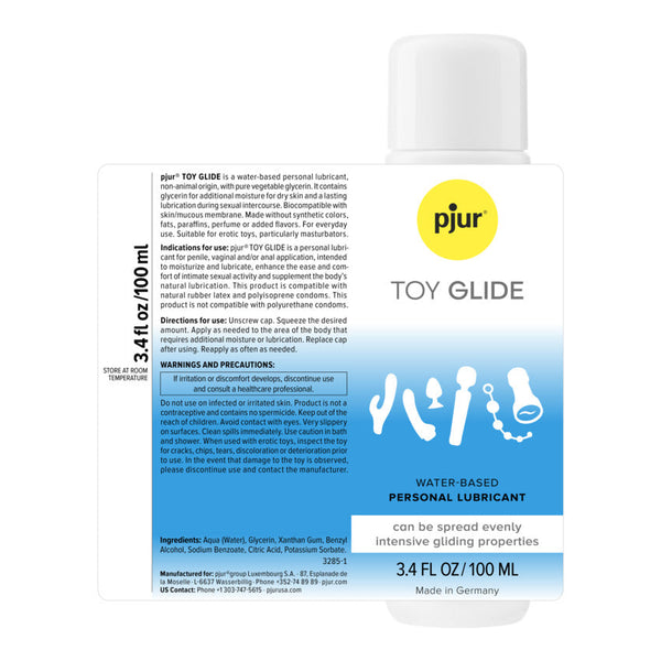 Back label of pjur Toy Glide showing ingredients, directions, and glycerin-enriched formula