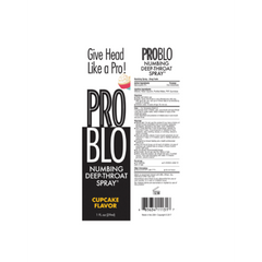 Back label of ProBlo Numbing Deep-Throat Spray showing ingredients and directions, cupcake flavour