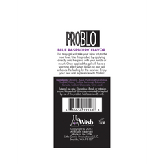 Back label of Problo Oral Pleasure Gel showing ingredients, warming-effect description, and barcode