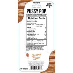 Back label of Pussy Pop lollipop showing nutrition facts and caramel candy ingredients