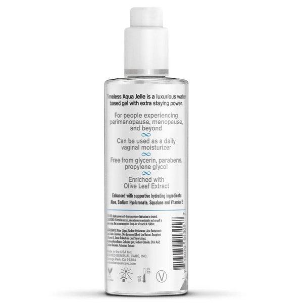 Back label of Simply Timeless Aqua Jelle showing key ingredients including Olive Leaf Extract