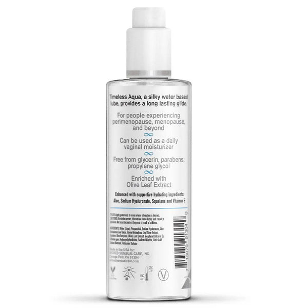 Back label of Simply Timeless Aqua listing key ingredients and usage details