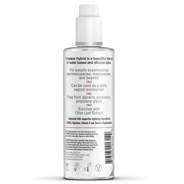 Back label of Simply Timeless Hybrid showing key ingredients including Olive Leaf Extract